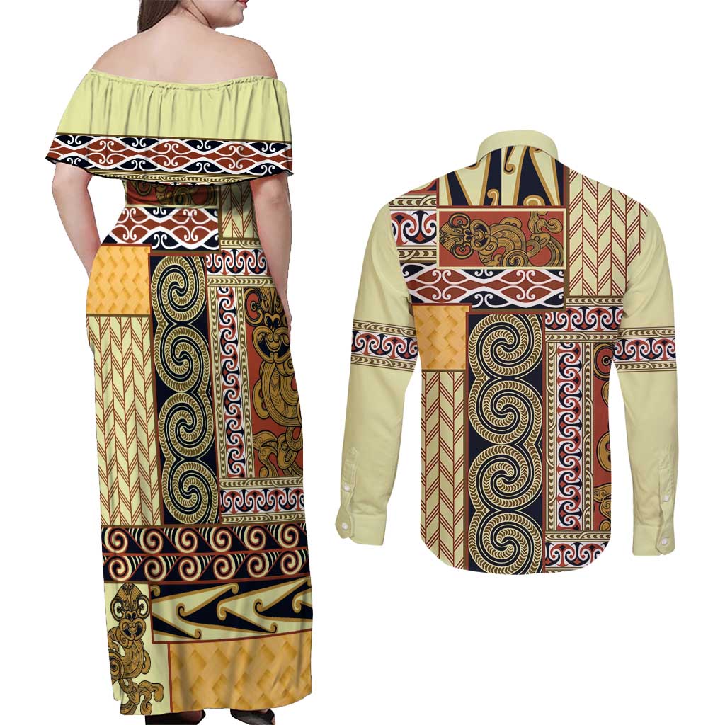 Yellow Aotearoa Kowhaiwhai Pattern Couples Matching Off Shoulder Maxi Dress and Long Sleeve Button Shirt NZ Maori Quilt Style LT14 - Polynesian Pride