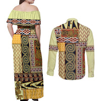 Yellow Aotearoa Kowhaiwhai Pattern Couples Matching Off Shoulder Maxi Dress and Long Sleeve Button Shirt NZ Maori Quilt Style LT14 - Polynesian Pride