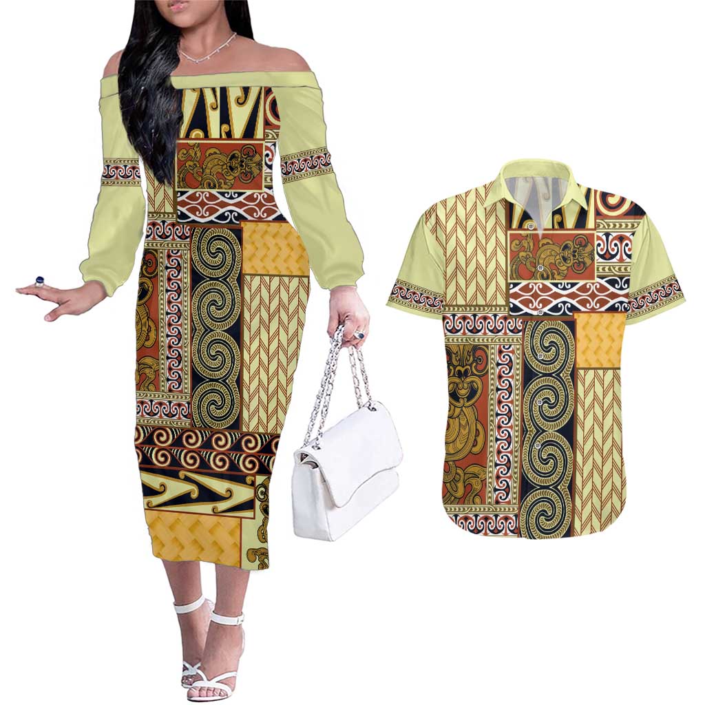 Yellow Aotearoa Kowhaiwhai Pattern Couples Matching Off The Shoulder Long Sleeve Dress and Hawaiian Shirt NZ Maori Quilt Style