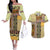 Yellow Aotearoa Kowhaiwhai Pattern Couples Matching Off The Shoulder Long Sleeve Dress and Hawaiian Shirt NZ Maori Quilt Style