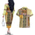 Yellow Aotearoa Kowhaiwhai Pattern Couples Matching Off The Shoulder Long Sleeve Dress and Hawaiian Shirt NZ Maori Quilt Style