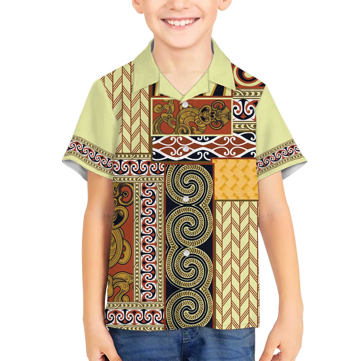 Yellow Aotearoa Kowhaiwhai Pattern Family Matching Off The Shoulder Long Sleeve Dress and Hawaiian Shirt NZ Maori Quilt Style