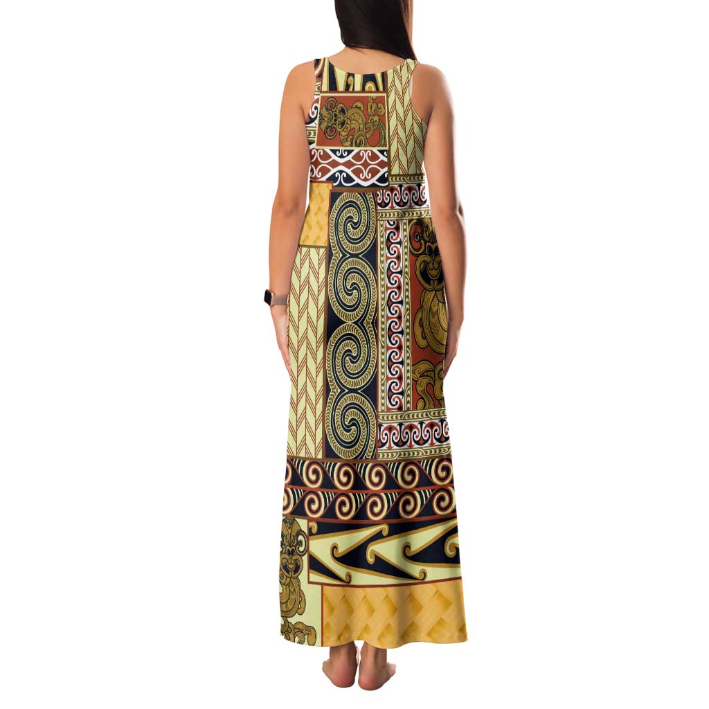 Yellow Aotearoa Kowhaiwhai Pattern Family Matching Tank Maxi Dress and Hawaiian Shirt NZ Maori Quilt Style