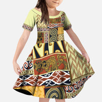 Yellow Aotearoa Kowhaiwhai Pattern Kid Short Sleeve Dress NZ Maori Quilt Style