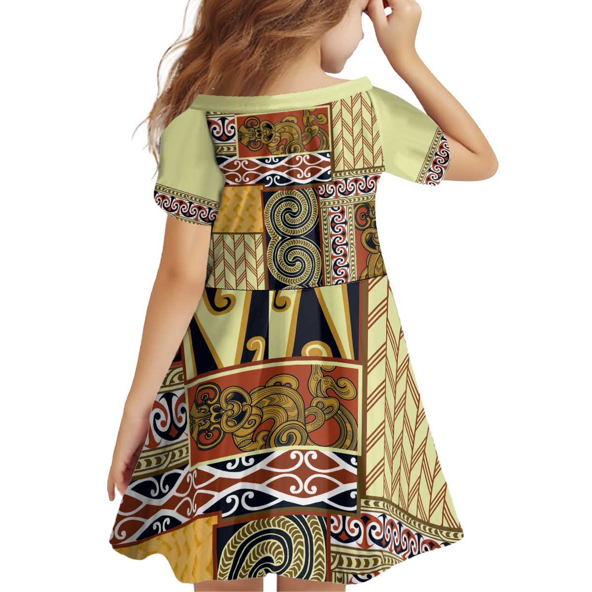 Yellow Aotearoa Kowhaiwhai Pattern Kid Short Sleeve Dress NZ Maori Quilt Style
