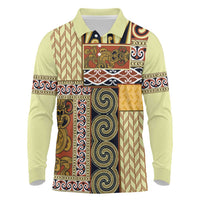 Yellow Aotearoa Kowhaiwhai Pattern Long Sleeve Polo Shirt NZ Maori Quilt Style