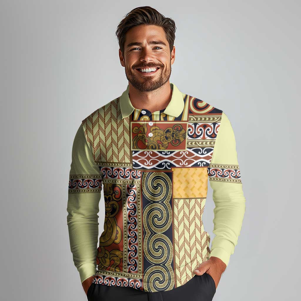 Yellow Aotearoa Kowhaiwhai Pattern Long Sleeve Polo Shirt NZ Maori Quilt Style