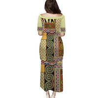 Yellow Aotearoa Kowhaiwhai Pattern Puletasi NZ Maori Quilt Style