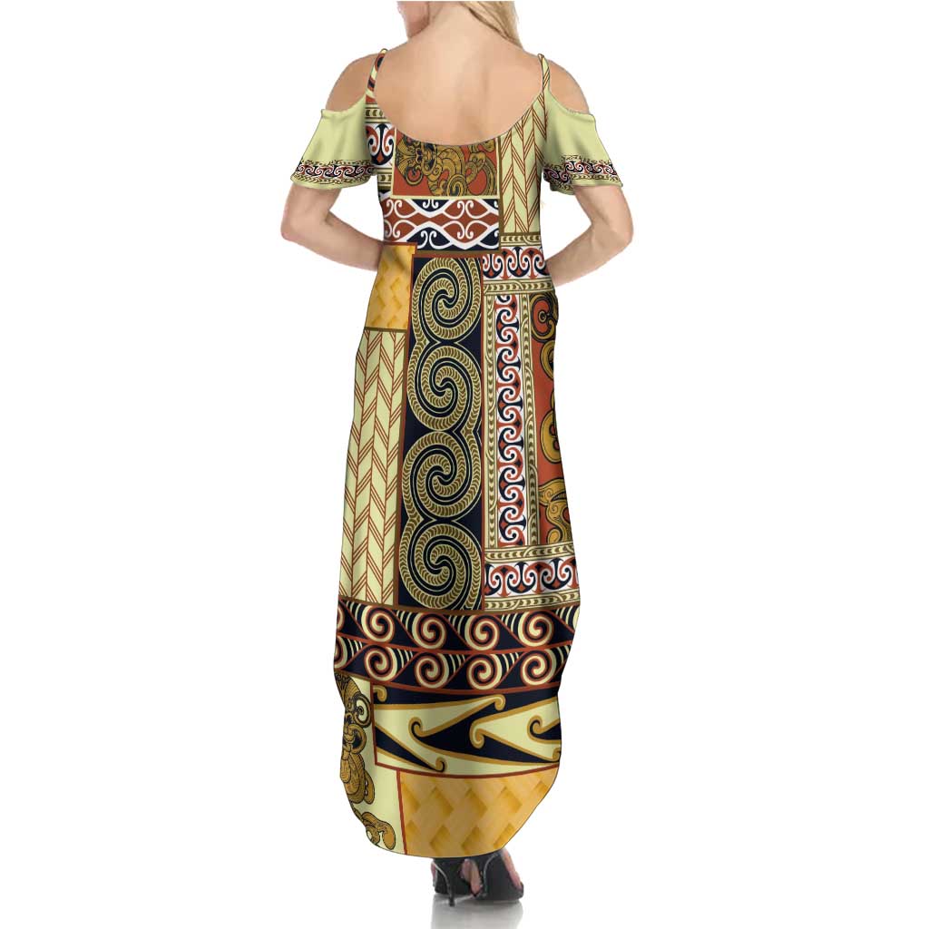 Yellow Aotearoa Kowhaiwhai Pattern Summer Maxi Dress NZ Maori Quilt Style