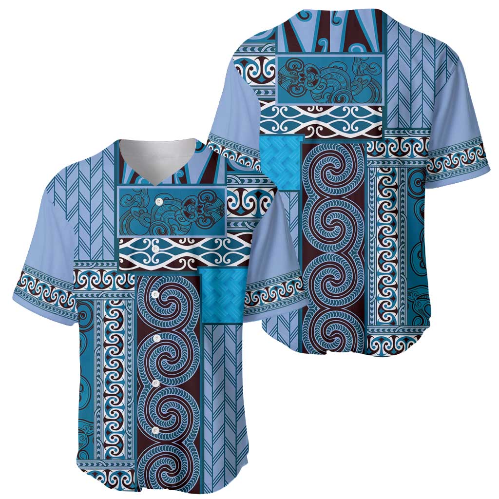 Blue Aotearoa Kowhaiwhai Pattern Baseball Jersey NZ Maori Quilt Style