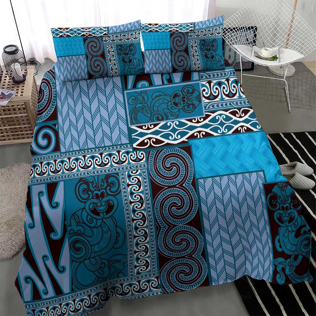 Blue Aotearoa Kowhaiwhai Pattern Bedding Set NZ Maori Quilt Style