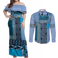 Blue Aotearoa Kowhaiwhai Pattern Couples Matching Off Shoulder Maxi Dress and Long Sleeve Button Shirt NZ Maori Quilt Style LT14 Blue - Polynesian Pride