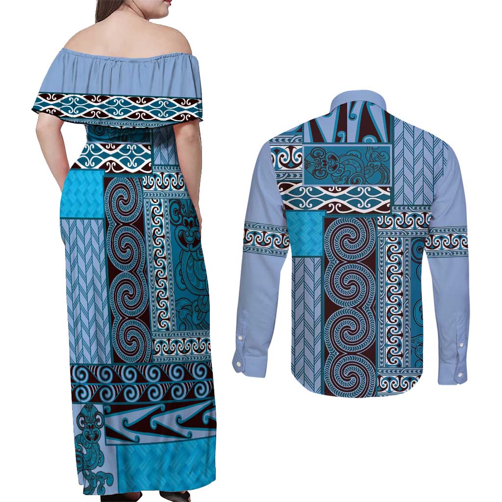 Blue Aotearoa Kowhaiwhai Pattern Couples Matching Off Shoulder Maxi Dress and Long Sleeve Button Shirt NZ Maori Quilt Style LT14 - Polynesian Pride