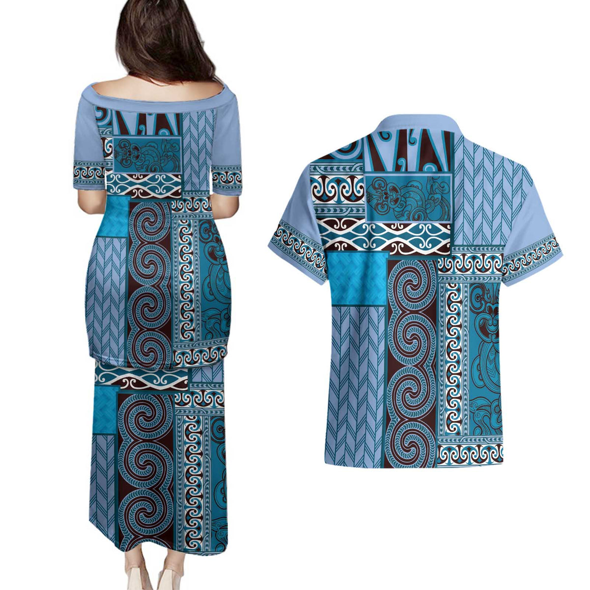 Blue Aotearoa Kowhaiwhai Pattern Couples Matching Puletasi and Hawaiian Shirt NZ Maori Quilt Style