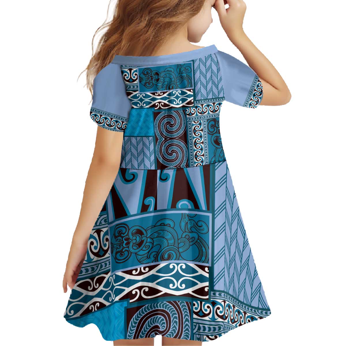 Blue Aotearoa Kowhaiwhai Pattern Family Matching Off The Shoulder Long Sleeve Dress and Hawaiian Shirt NZ Maori Quilt Style