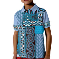 Blue Aotearoa Kowhaiwhai Pattern Kid Polo Shirt NZ Maori Quilt Style
