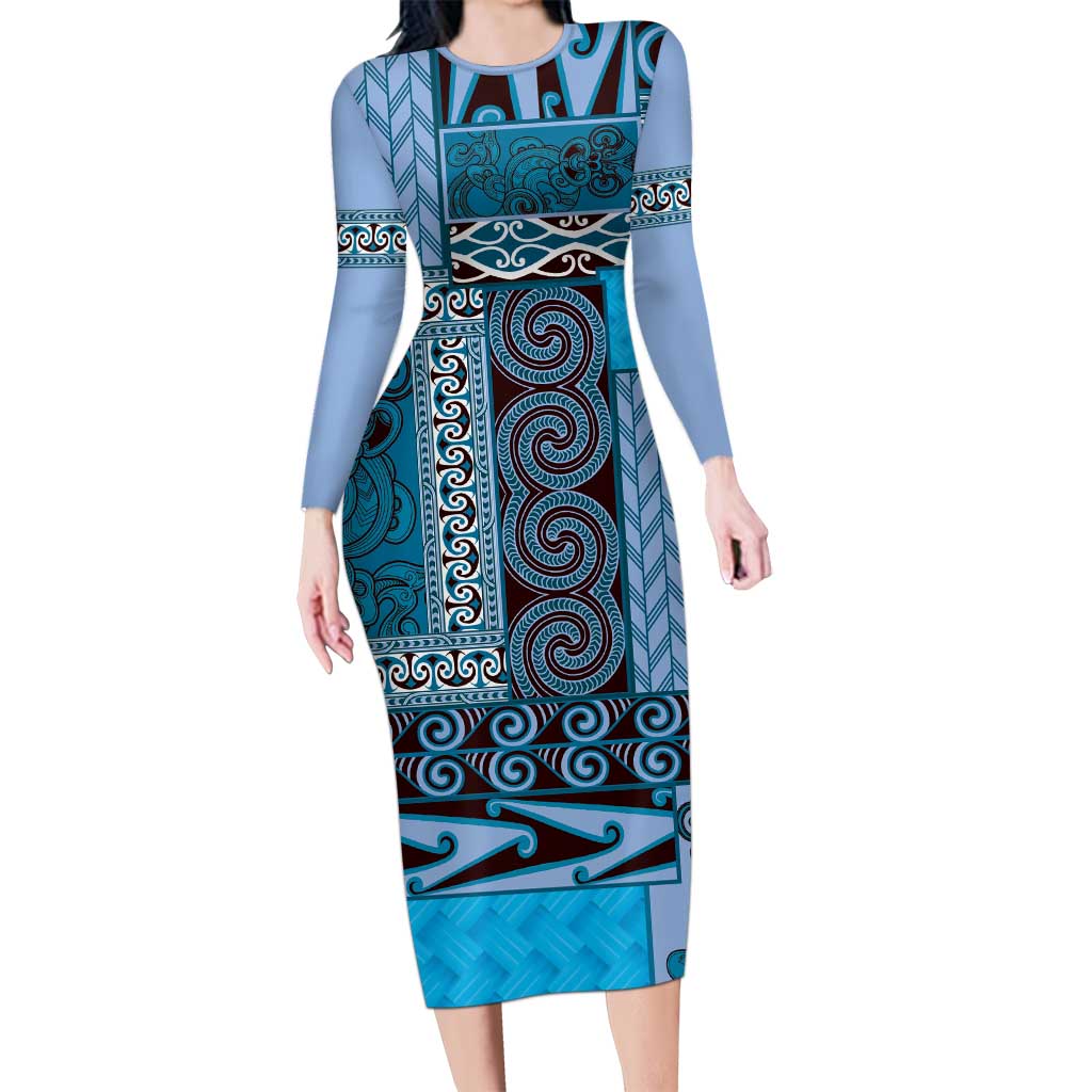 Blue Aotearoa Kowhaiwhai Pattern Long Sleeve Bodycon Dress NZ Maori Quilt Style