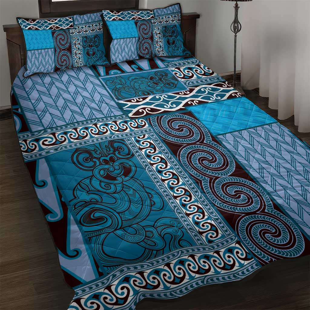 Blue Aotearoa Kowhaiwhai Pattern Quilt Bed Set NZ Maori Quilt Style