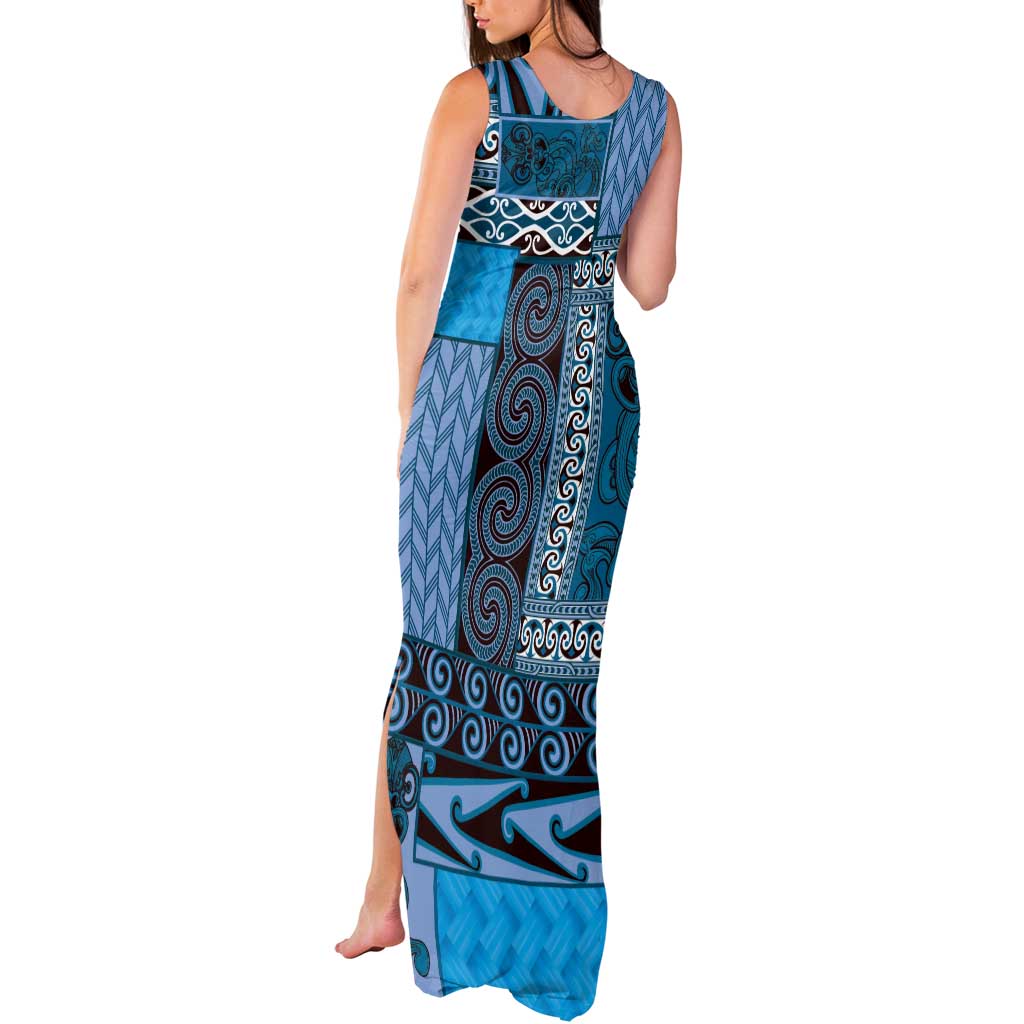 Blue Aotearoa Kowhaiwhai Pattern Tank Maxi Dress NZ Maori Quilt Style