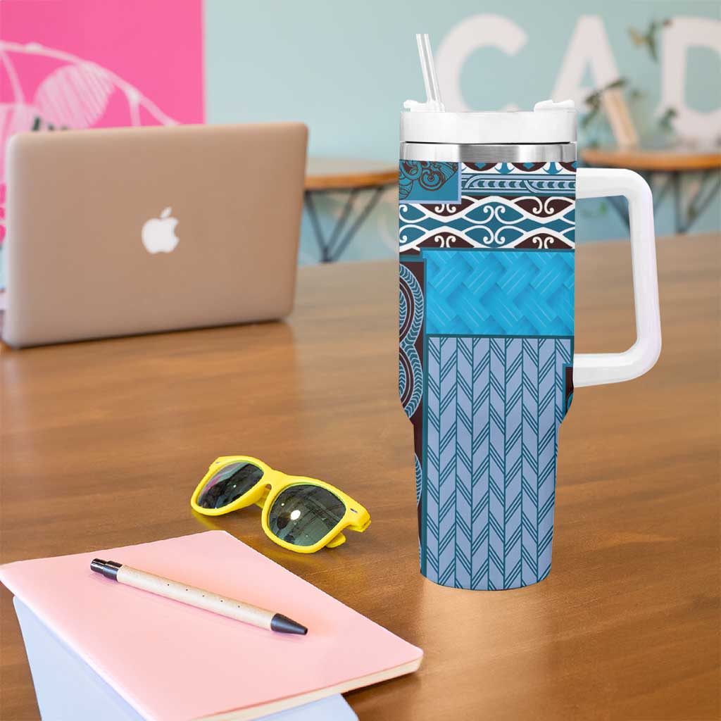 Blue Aotearoa Kowhaiwhai Pattern Tumbler With Handle NZ Maori Quilt Style