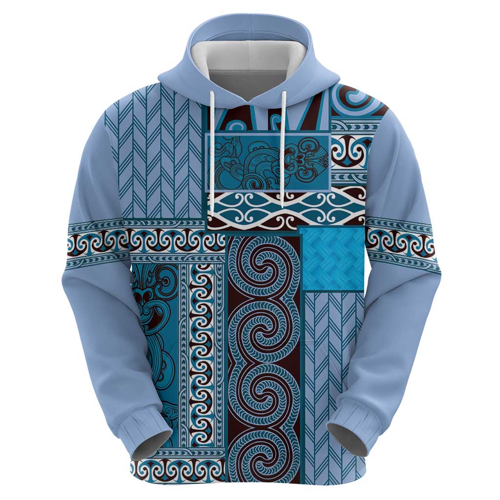 Blue Aotearoa Kowhaiwhai Pattern Zip Hoodie NZ Maori Quilt Style