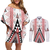 Aotearoa Taniko Couples Matching Off Shoulder Short Dress and Long Sleeve Button Shirt Niho Taniwha Purapura Whetu Mix Poutama