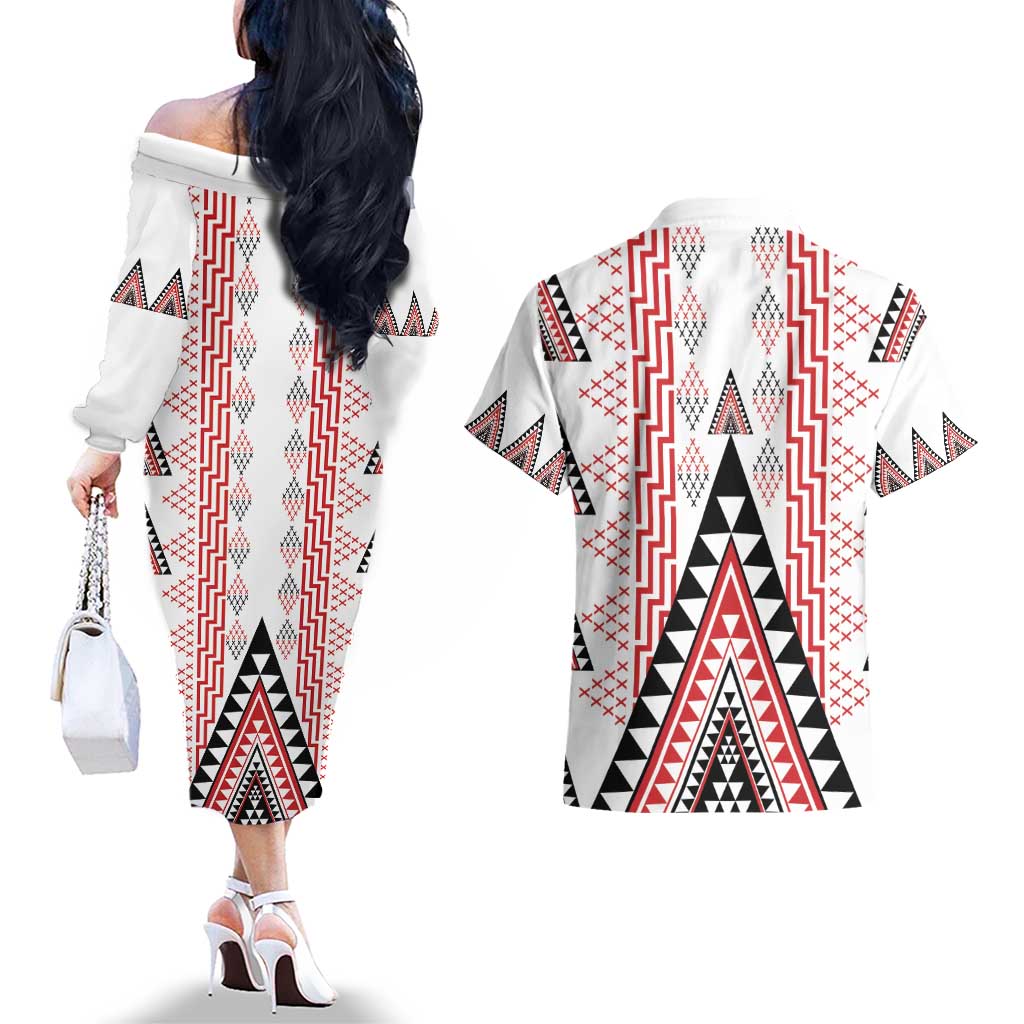 Aotearoa Taniko Couples Matching Off The Shoulder Long Sleeve Dress and Hawaiian Shirt Niho Taniwha Purapura Whetu Mix Poutama