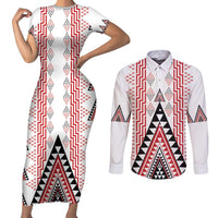 Aotearoa Taniko Couples Matching Short Sleeve Bodycon Dress and Long Sleeve Button Shirt Niho Taniwha Purapura Whetu Mix Poutama