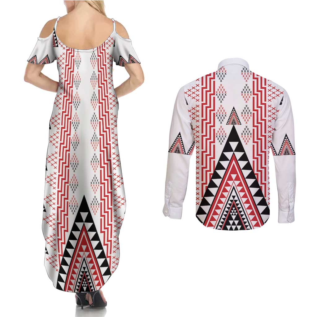 Aotearoa Taniko Couples Matching Summer Maxi Dress and Long Sleeve Button Shirt Niho Taniwha Purapura Whetu Mix Poutama
