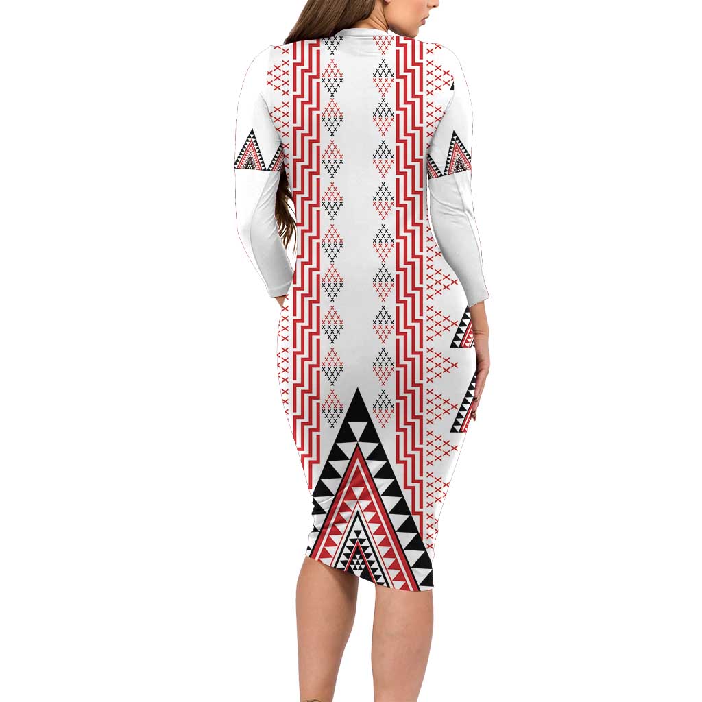 Aotearoa Taniko Long Sleeve Bodycon Dress Niho Taniwha Purapura Whetu Mix Poutama