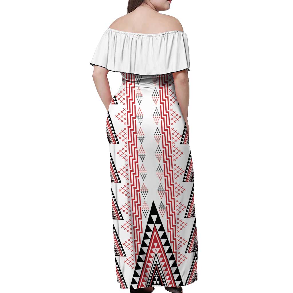 Aotearoa Taniko Off Shoulder Maxi Dress Niho Taniwha Purapura Whetu Mix Poutama