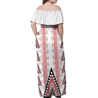 Aotearoa Taniko Off Shoulder Maxi Dress Niho Taniwha Purapura Whetu Mix Poutama