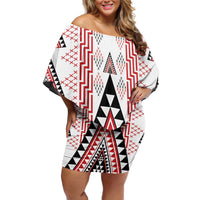 Aotearoa Taniko Off Shoulder Short Dress Niho Taniwha Purapura Whetu Mix Poutama