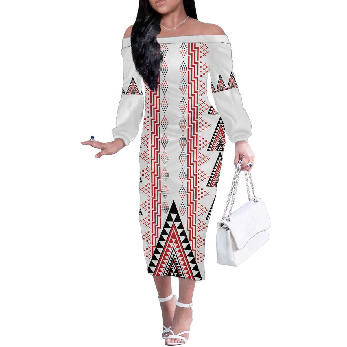 Aotearoa Taniko Off The Shoulder Long Sleeve Dress Niho Taniwha Purapura Whetu Mix Poutama