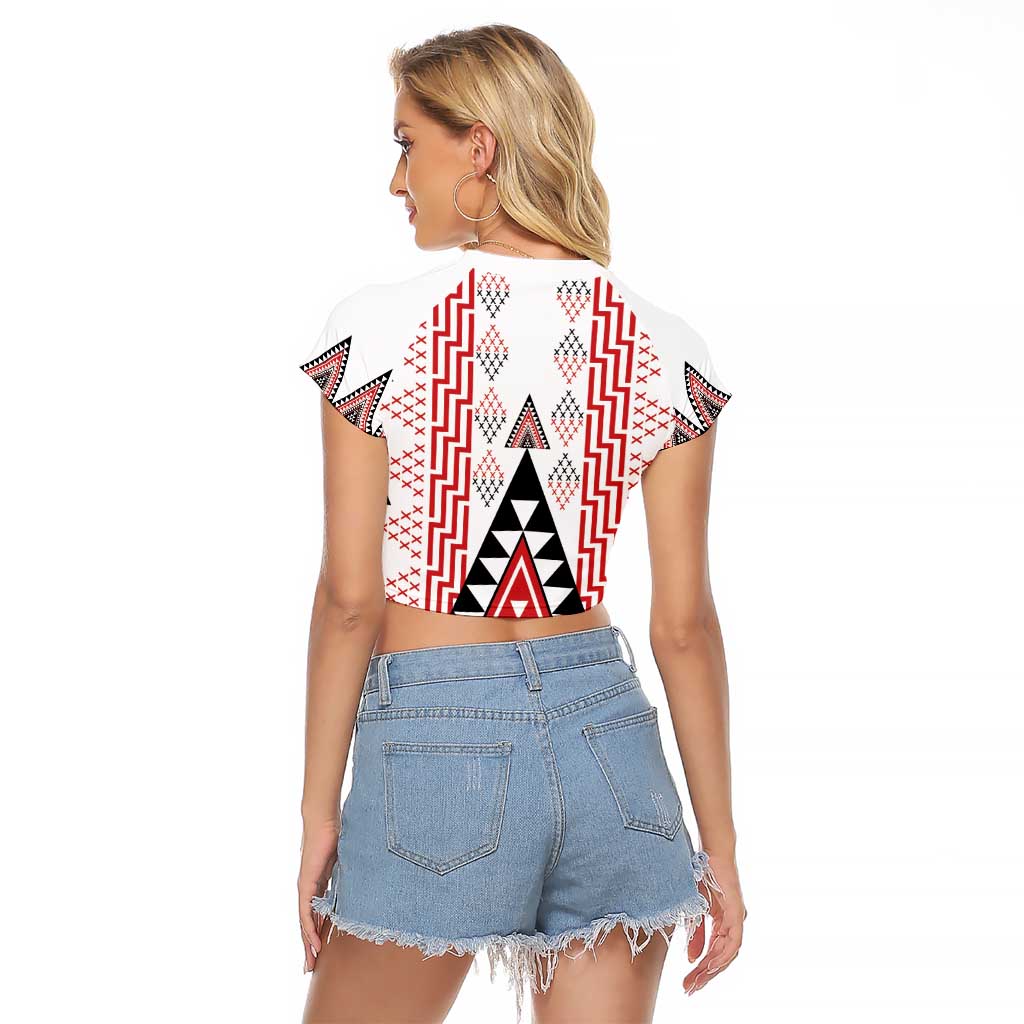 Aotearoa Taniko Raglan Cropped T Shirt Niho Taniwha Purapura Whetu Mix Poutama