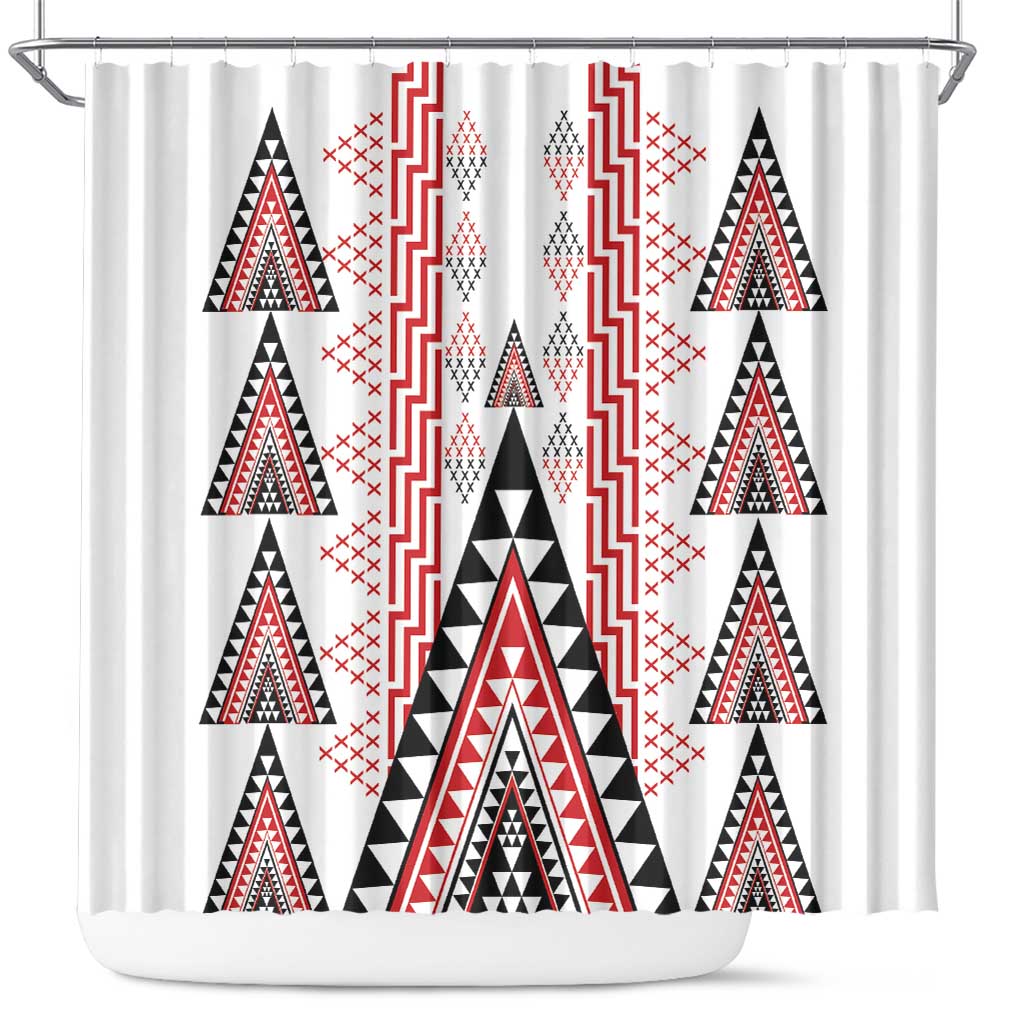 Aotearoa Taniko Shower Curtain Niho Taniwha Purapura Whetu Mix Poutama LT14 White - Polynesian Pride
