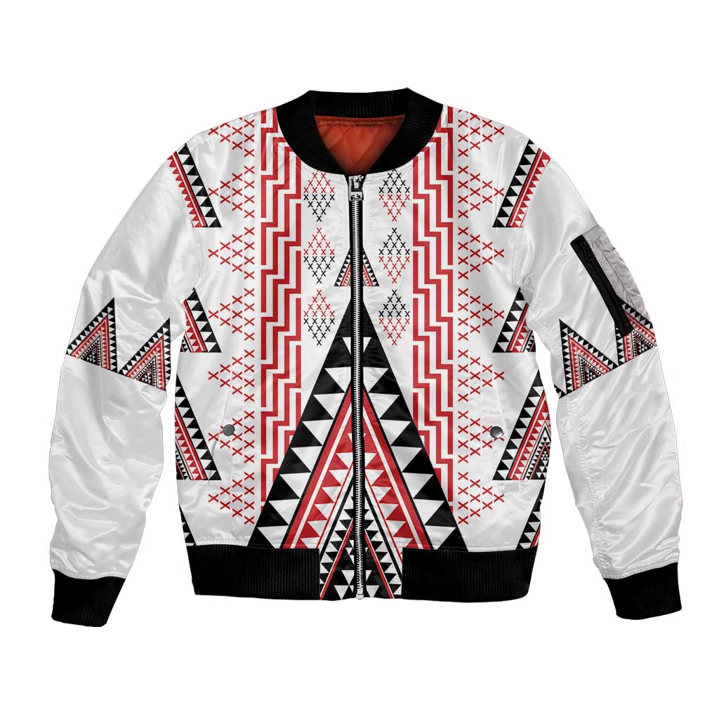 Aotearoa Taniko Sleeve Zip Bomber Jacket Niho Taniwha Purapura Whetu Mix Poutama LT14 Unisex White - Polynesian Pride