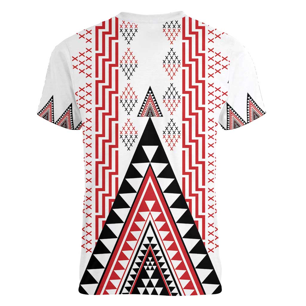 Aotearoa Taniko Women V-Neck T-Shirt Niho Taniwha Purapura Whetu Mix Poutama