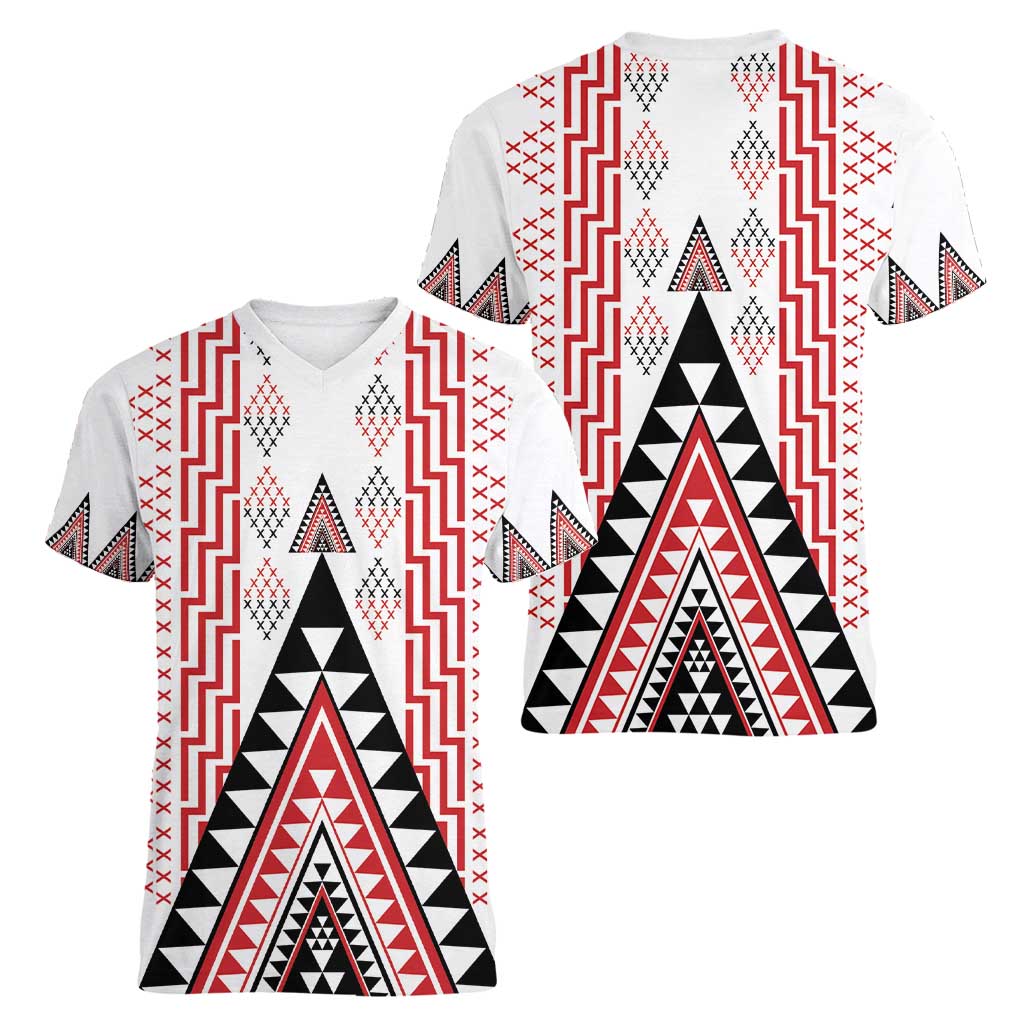 Aotearoa Taniko Women V-Neck T-Shirt Niho Taniwha Purapura Whetu Mix Poutama