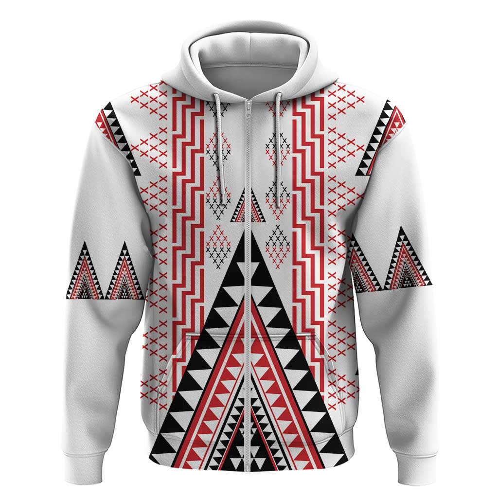 Aotearoa Taniko Zip Hoodie Niho Taniwha Purapura Whetu Mix Poutama LT14 Zip Hoodie White - Polynesian Pride