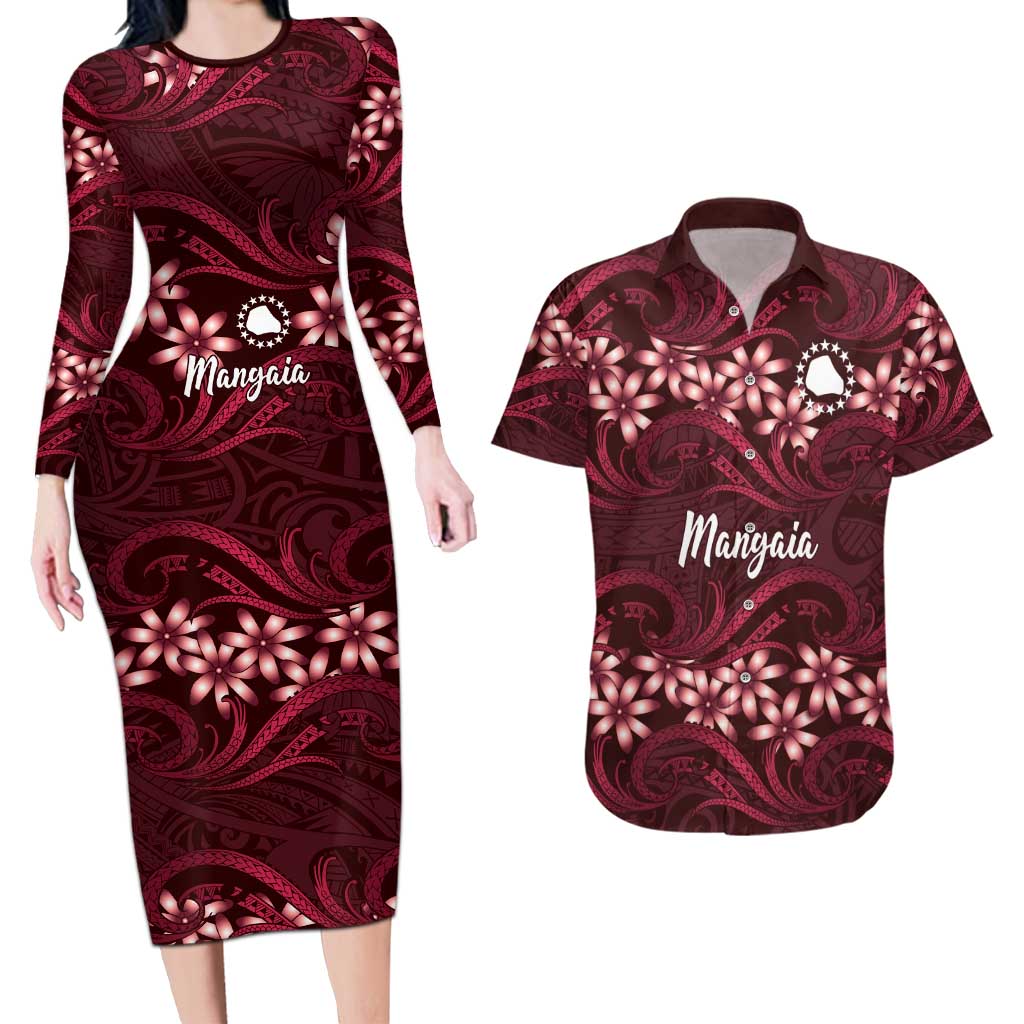 Personalised Cook Islands Mangaia Couples Matching Long Sleeve Bodycon Dress and Hawaiian Shirt Tiare Maori Polynesian Waves Tattoo