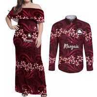 Personalised Cook Islands Mangaia Couples Matching Off Shoulder Maxi Dress and Long Sleeve Button Shirt Tiare Maori Polynesian Waves Tattoo