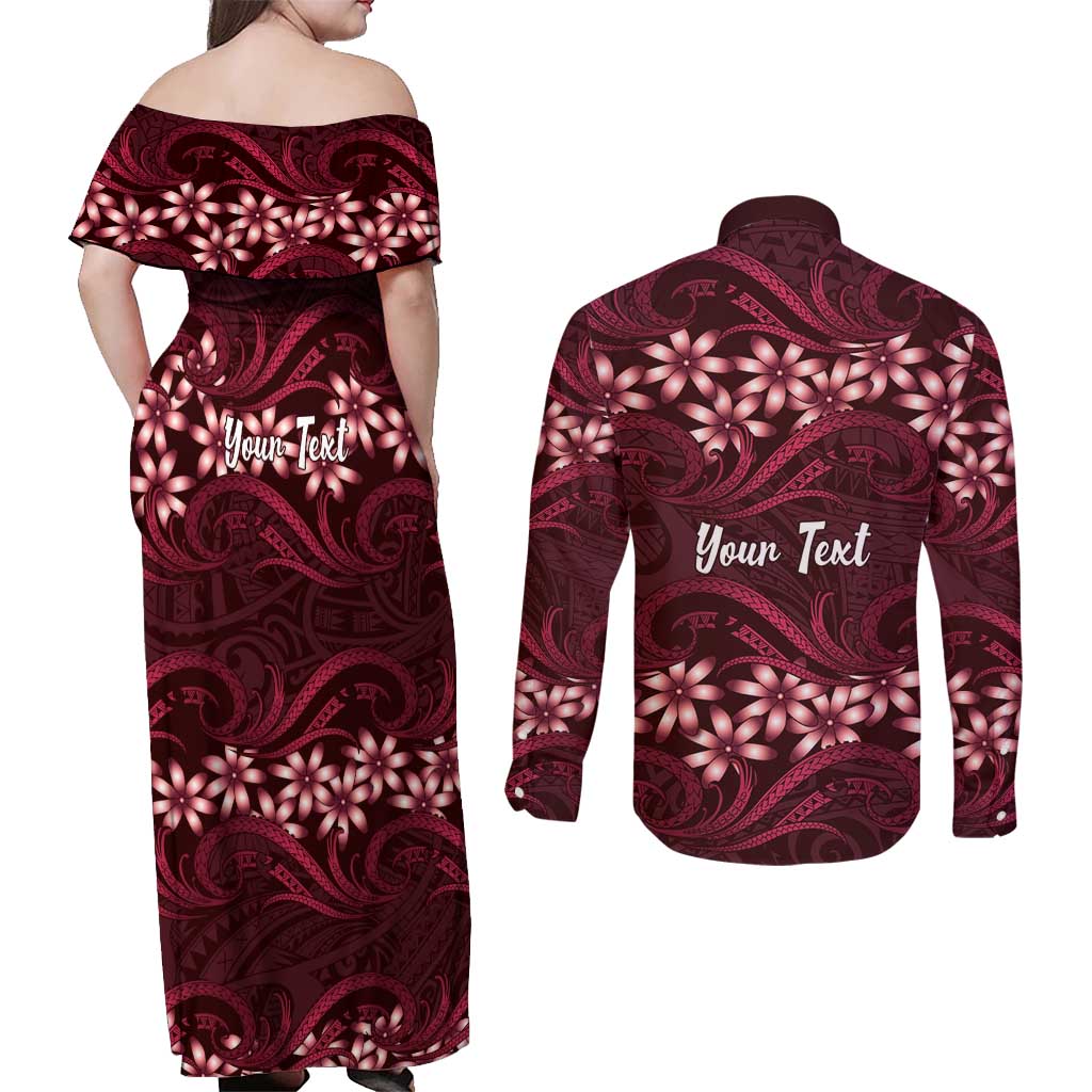Personalised Cook Islands Mangaia Couples Matching Off Shoulder Maxi Dress and Long Sleeve Button Shirt Tiare Maori Polynesian Waves Tattoo
