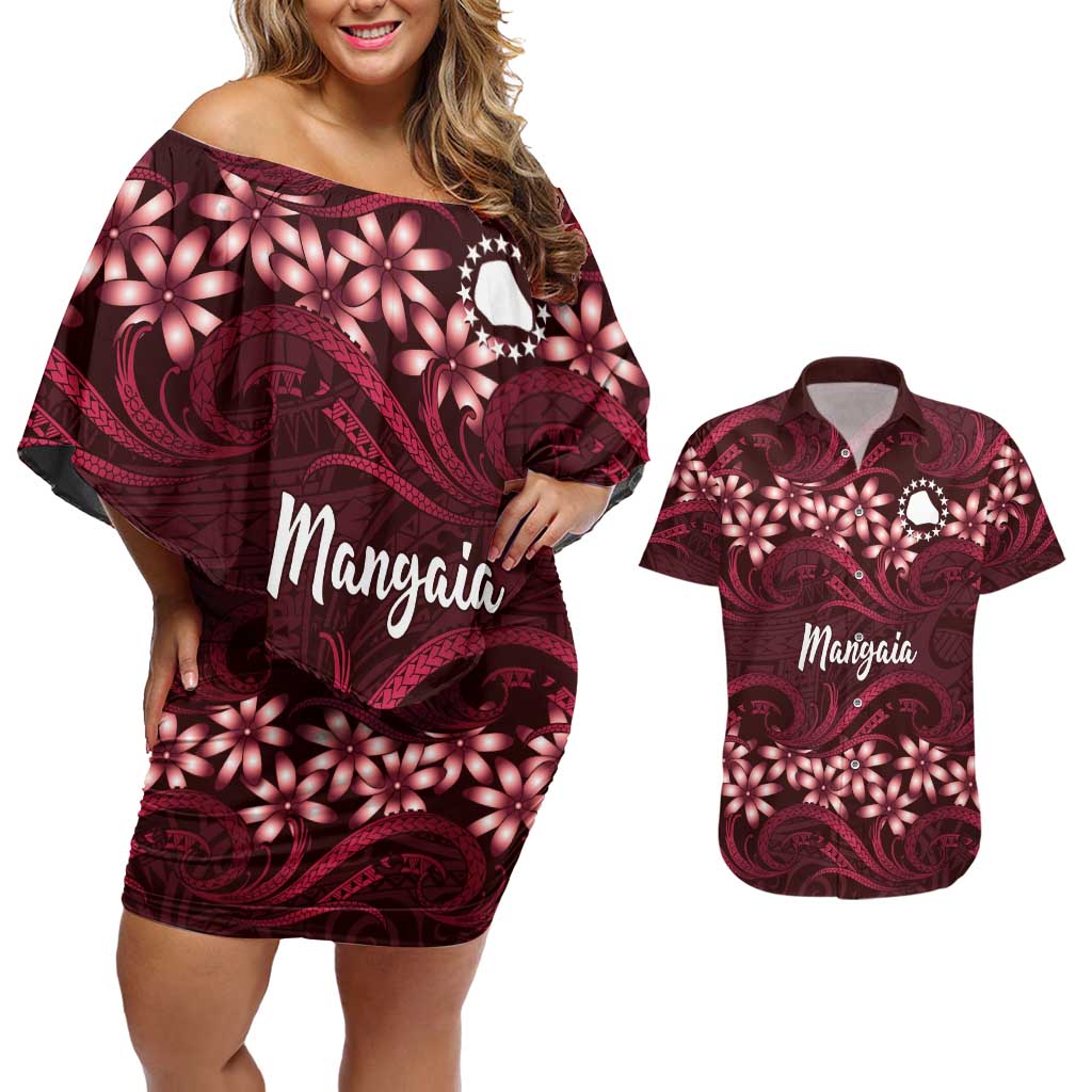 Personalised Cook Islands Mangaia Couples Matching Off Shoulder Short Dress and Hawaiian Shirt Tiare Maori Polynesian Waves Tattoo