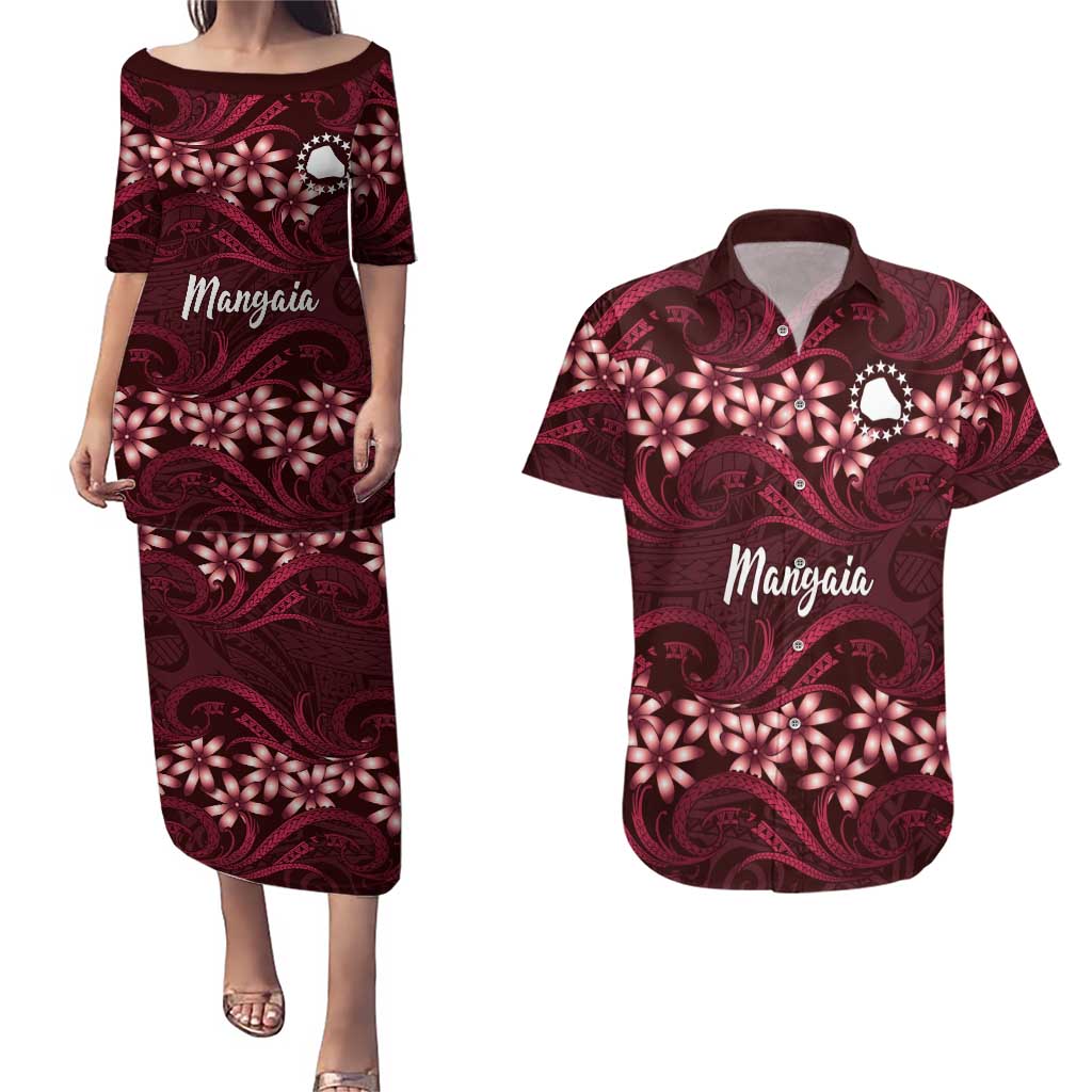 Personalised Cook Islands Mangaia Couples Matching Puletasi and Hawaiian Shirt Tiare Maori Polynesian Waves Tattoo