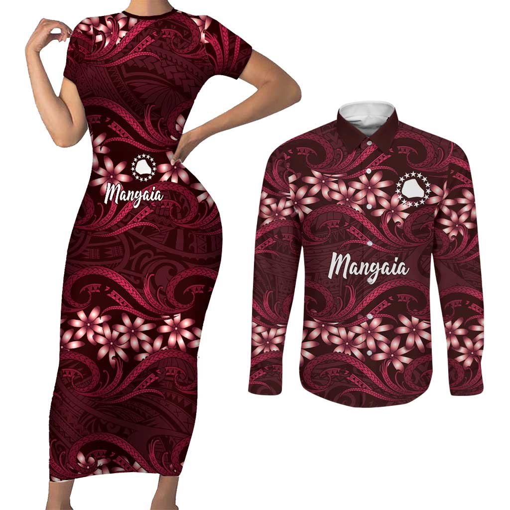 Personalised Cook Islands Mangaia Couples Matching Short Sleeve Bodycon Dress and Long Sleeve Button Shirt Tiare Maori Polynesian Waves Tattoo
