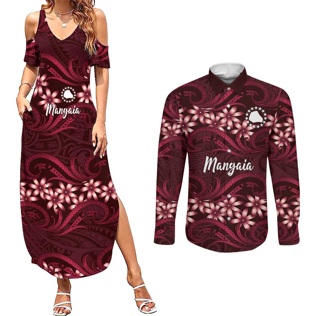 Personalised Cook Islands Mangaia Couples Matching Summer Maxi Dress and Long Sleeve Button Shirt Tiare Maori Polynesian Waves Tattoo