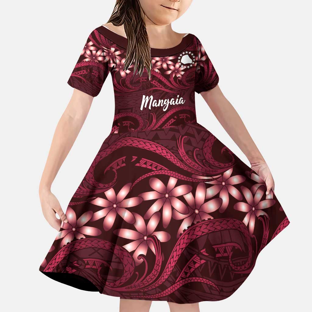 Personalised Cook Islands Mangaia Family Matching Off Shoulder Short Dress and Hawaiian Shirt Tiare Maori Polynesian Waves Tattoo LT14 Daughter's Dress Burgundy - Polynesian Pride