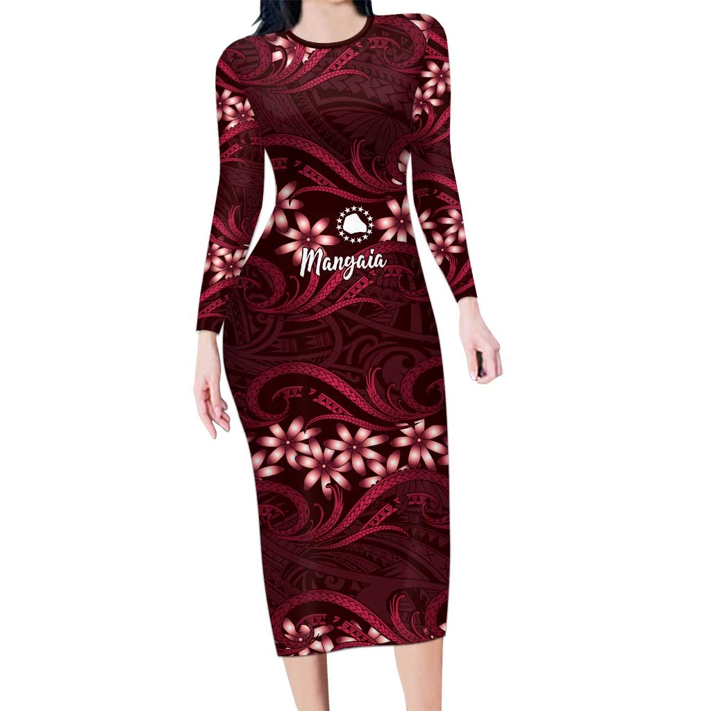 Personalised Cook Islands Mangaia Long Sleeve Bodycon Dress Tiare Maori Polynesian Waves Tattoo