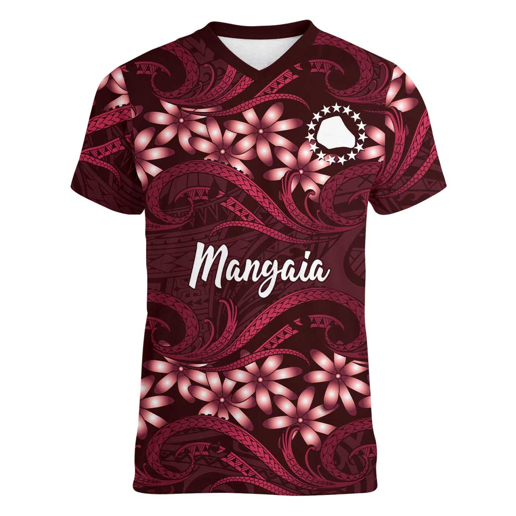 Personalised Cook Islands Mangaia Women V-Neck T-Shirt Tiare Maori Polynesian Waves Tattoo